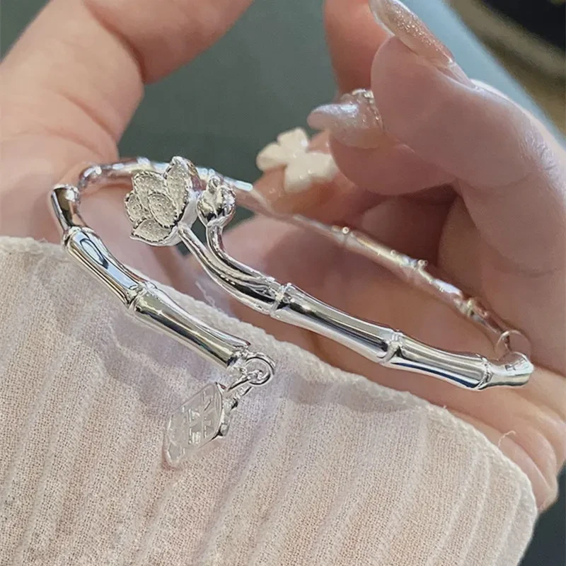 足银手镯 足银9999 竹节莲花竹报平安手镯实心高级感