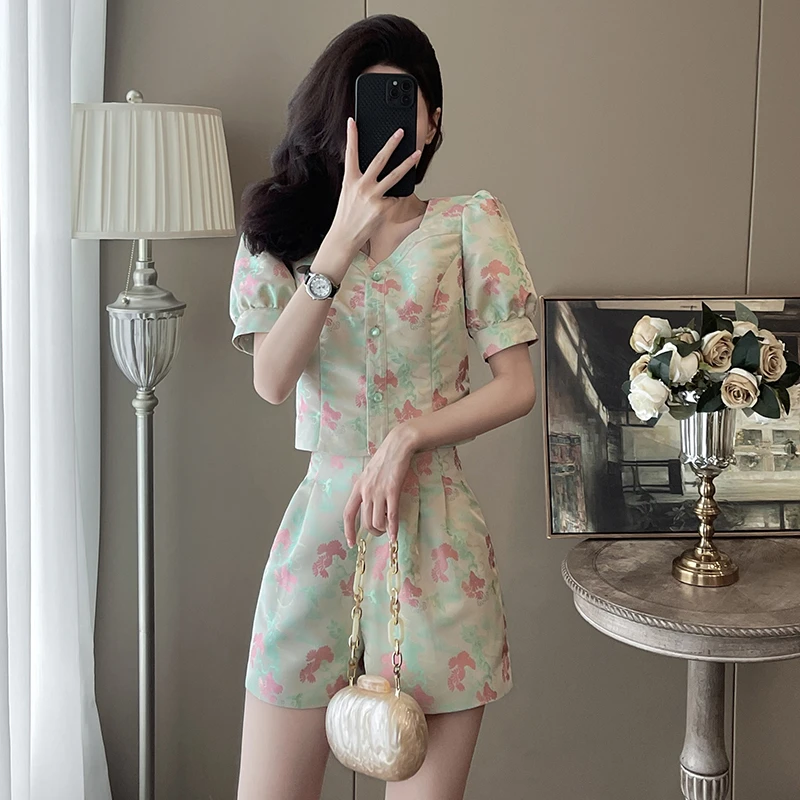 夏季新款高腰短裤短袖法式收腰休闲碎花显瘦时尚复古国风减龄小众