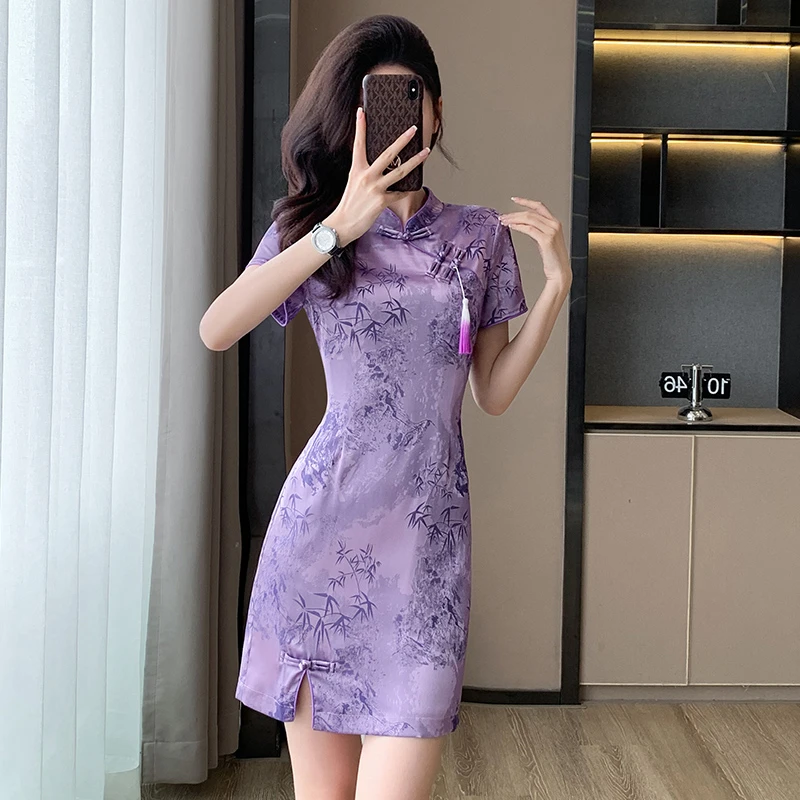 套装中式连衣裙女夏季提花显瘦旗袍时尚小个子复古日常修身短款