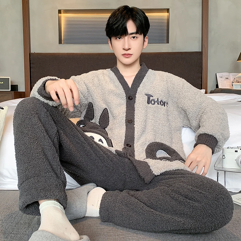 半边绒睡衣男士加厚加绒秋冬季男款青年珊瑚绒冬款保暖家居服套装