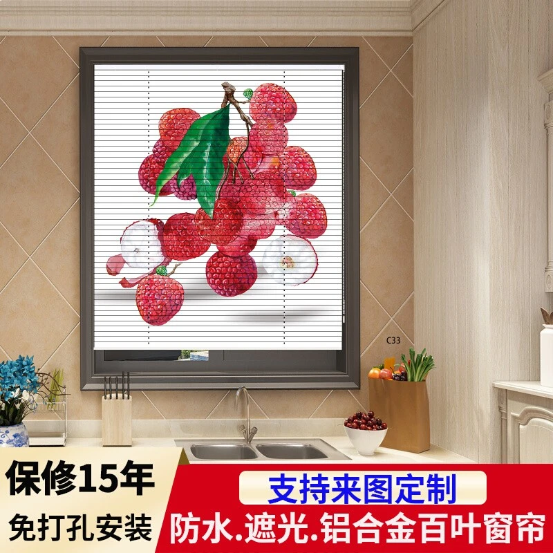 厨房餐厅窗帘卫生间免打孔百叶窗帘全遮光升降卷拉式厨房卷帘折叠