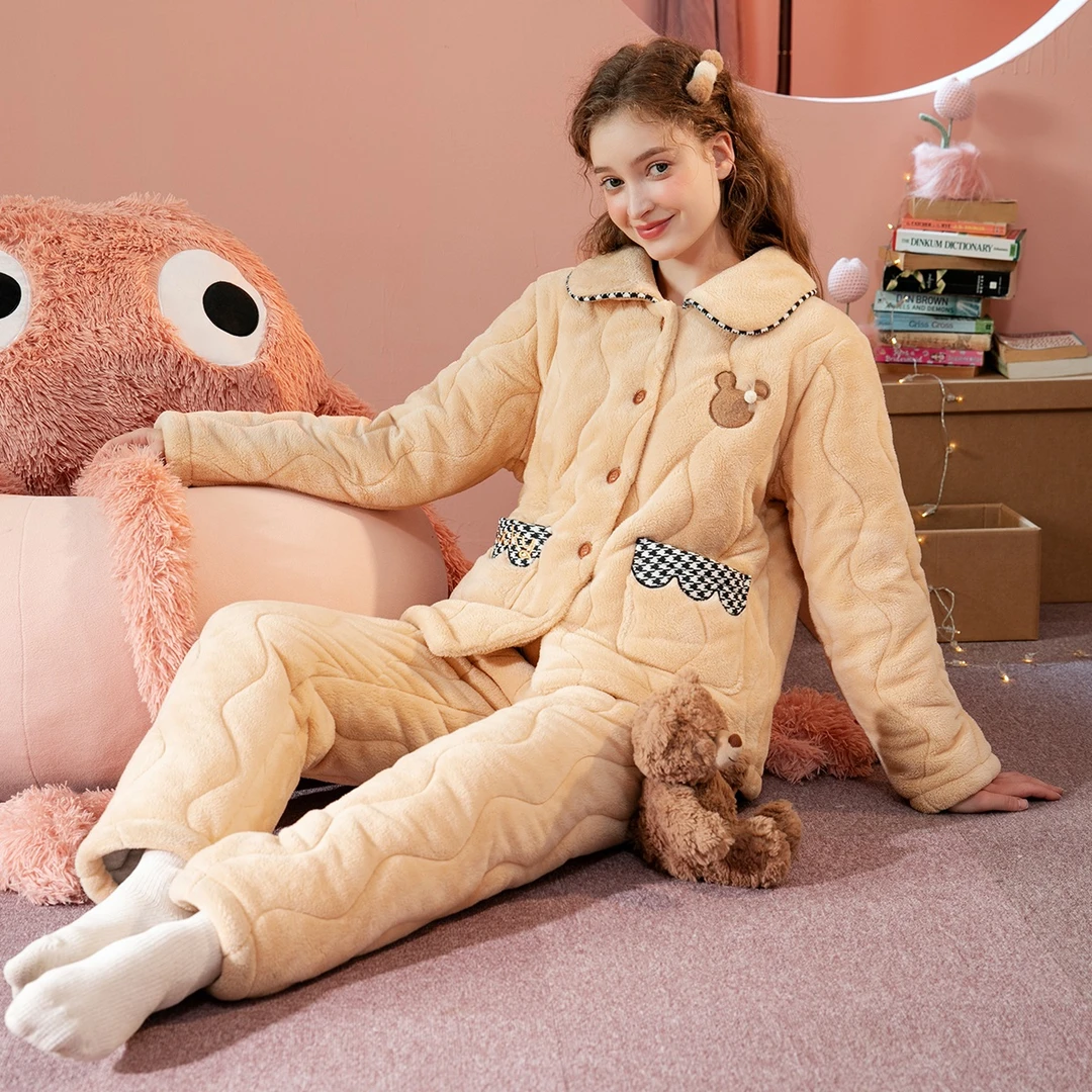 芬腾加绒夹棉保暖秋冬时尚千鸟格翻领开衫家居服女士睡衣套装女