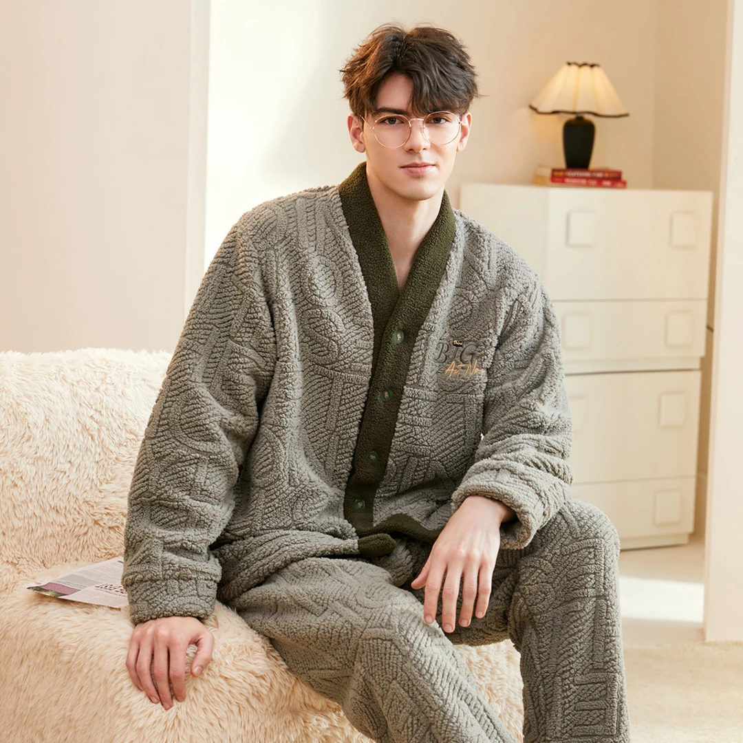 芬腾【加绒加厚】晚秋V领英文开衫男士睡衣保暖可外穿男家居服大码