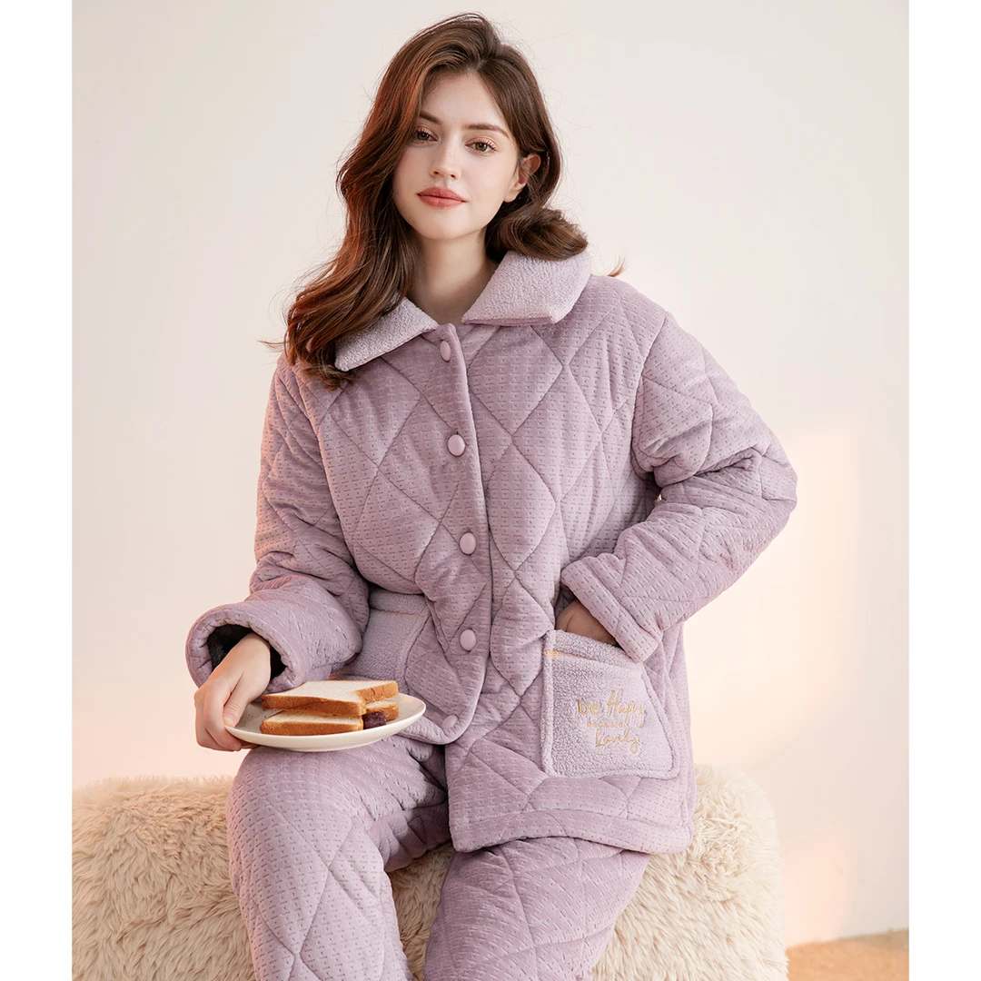 芬腾保暖三层夹棉秋冬翻领长袖加绒锁温优雅女士家居服套装睡衣女