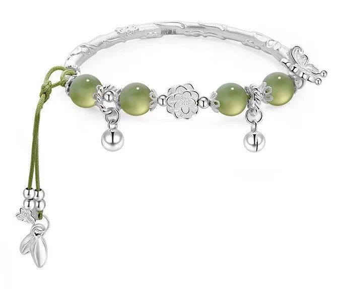 和田玉恋花手镯925银镯子半链民族风新中式圣诞礼物送女友