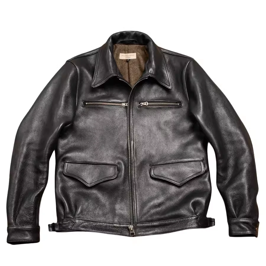 2.0头层牛皮重磅做旧无涂层植鞣水染男德飞时尚皮衣外套翻领真皮