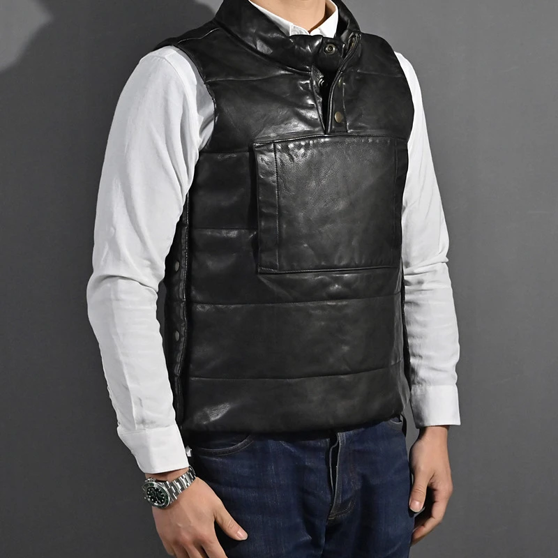 日系小众复古男装战术风水洗旧化植鞣头层绵羊皮机车真皮背心休闲