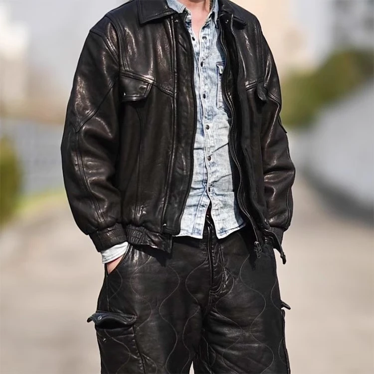 男士真皮皮衣夹克外套宽松版复古重水洗港风头层绵羊皮 美式 休闲