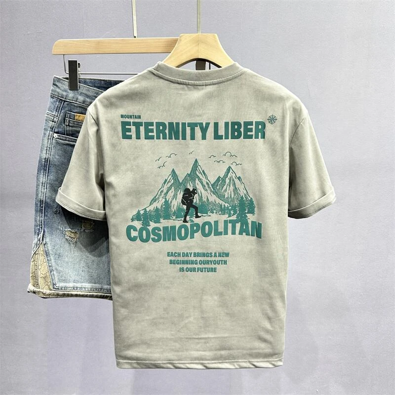 夏季薄款男士短袖t恤宽松印花潮流上衣户外登山绒面发泡清爽透气