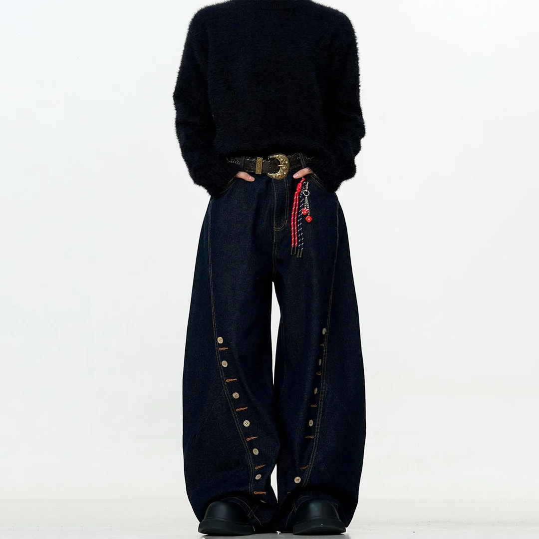 什僖美式夏季薄款高街男复古多排扣眼牛仔裤男弯刀阔腿裤裤子女潮