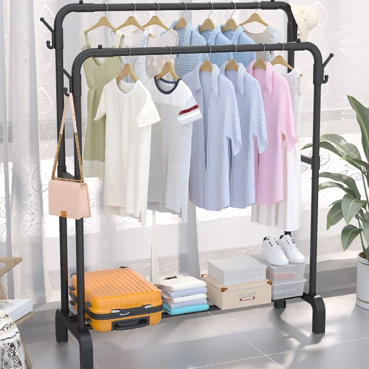 简易落地卧室双杆挂衣服家用宿舍阳台衣帽架收纳金属衣帽架立式