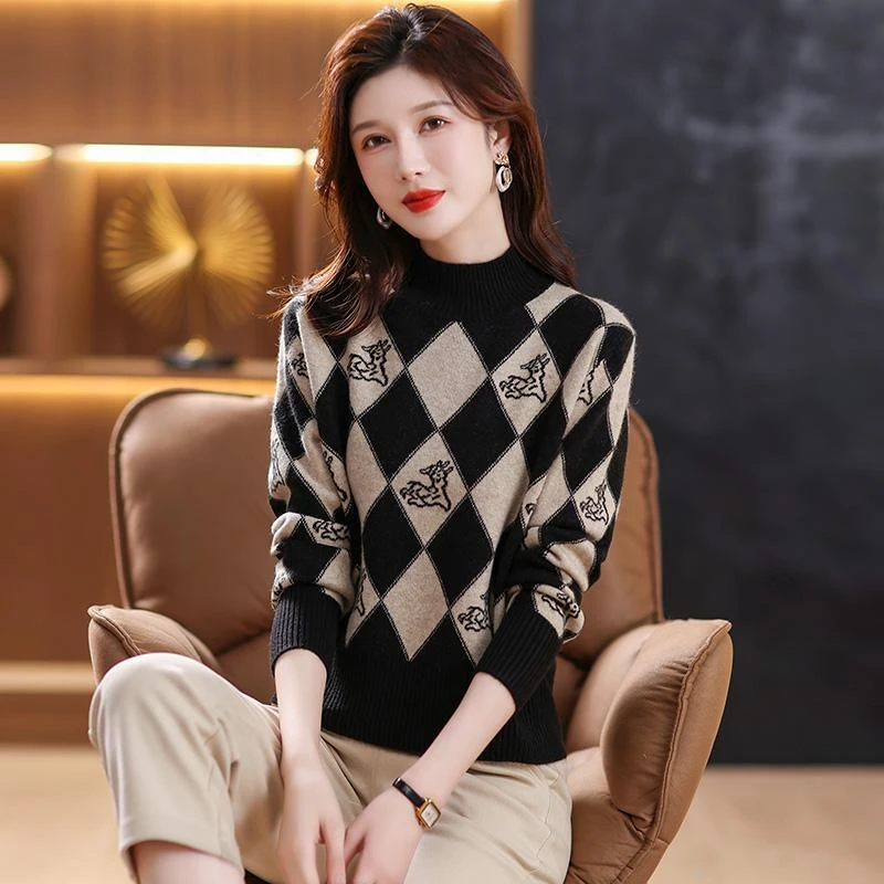 半高领格子毛衣女士秋冬2024新款短款中领内搭上衣针织打底衫春秋