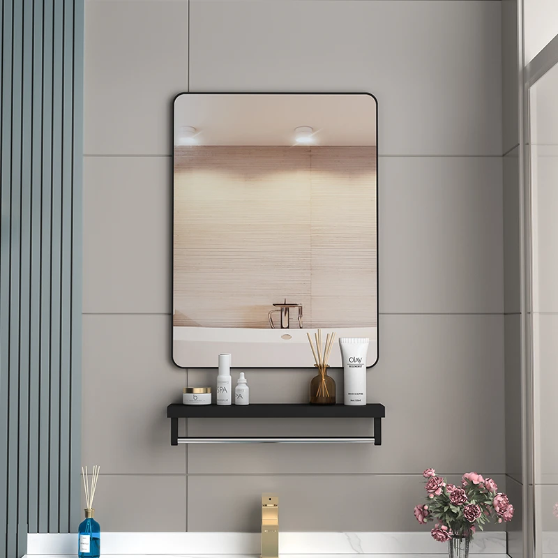 卫生间方形玻璃浴室镜子带置物架免打孔贴墙自粘洗手间化妆镜壁挂