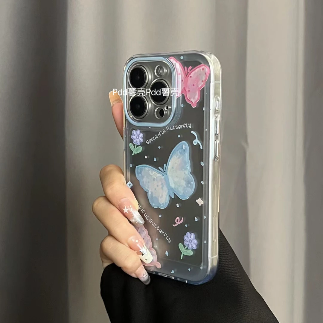 粉蓝蝴蝶苹果15/14/13promax手机壳12/11pro全包xr/xs软壳7/8plus