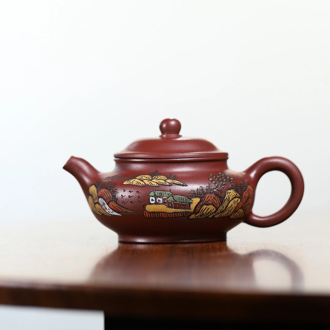 宜兴紫砂壶 原矿龙血砂 泥绘潘壶 300毫升 手工紫砂壶茶具不挑茶