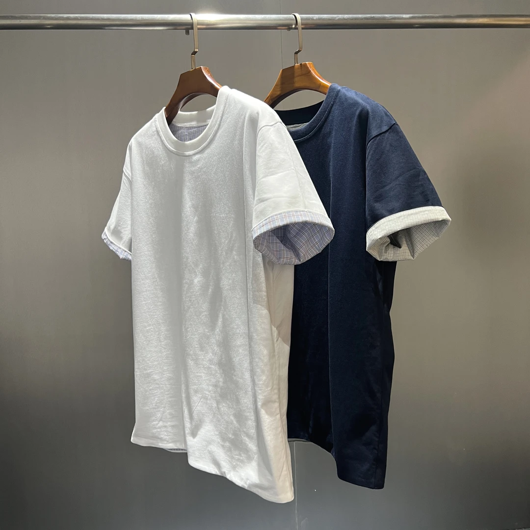 夏季新款 潮牌格子双层撞色宽松百搭休闲短袖T恤 男女同款