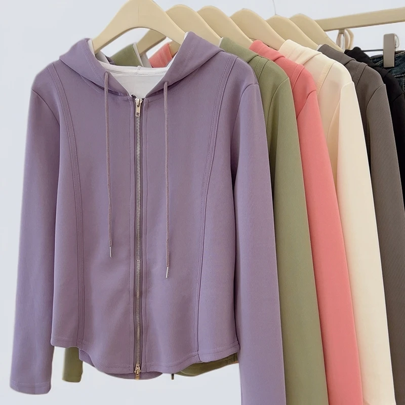 大码女装设计感双头拉链时尚上衣春季胖妹妹宽松显瘦遮肚连帽卫衣