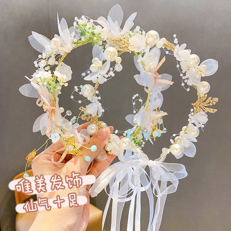 古风可爱花童头花飘带发箍超仙儿童公主花环甜美演出森系头饰发饰
