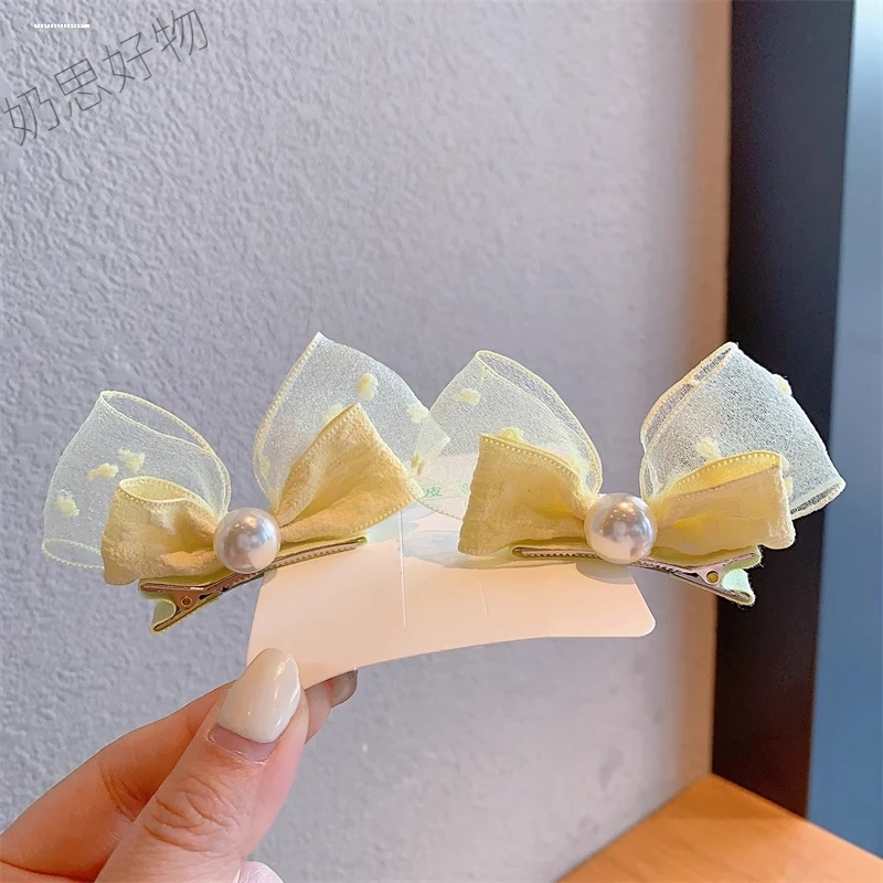 韩版儿童发饰珍珠立体蝴蝶结兔耳朵宝宝对夹小清新泡泡纱可爱发夹