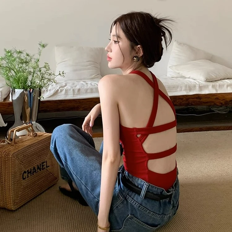 甜辣交叉露背吊带背心红色辣妹穿搭显瘦修身内搭外穿美背