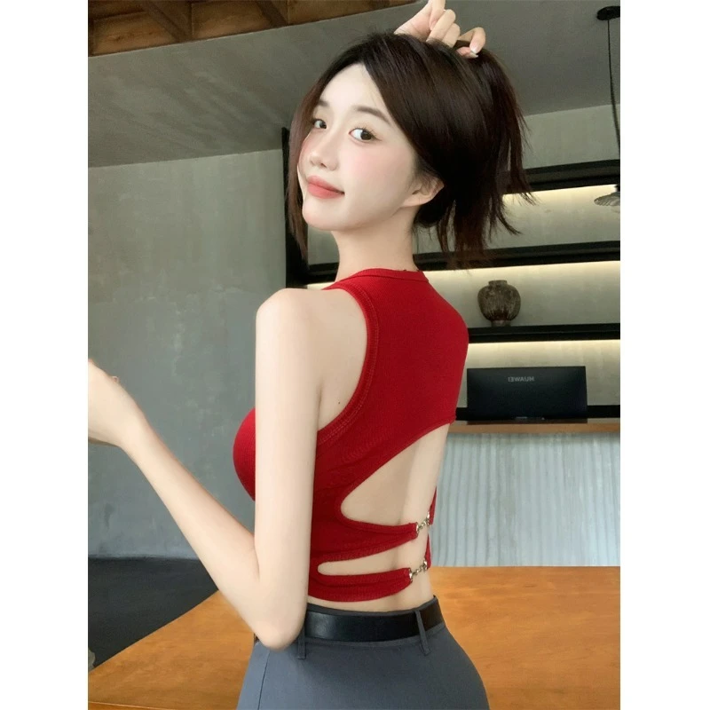 美式镂空露背吊带背心女夏外穿新款内搭打底辣妹短款红色上衣
