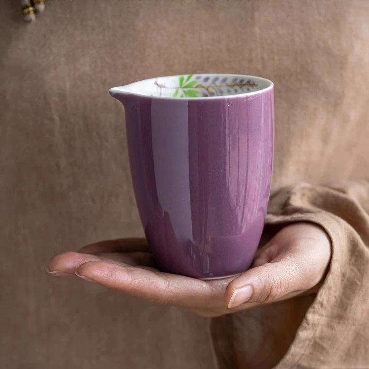 紫色内绘紫藤花茶漏公道杯茶海过滤套组陶瓷茶具盖置手工手绘茶道