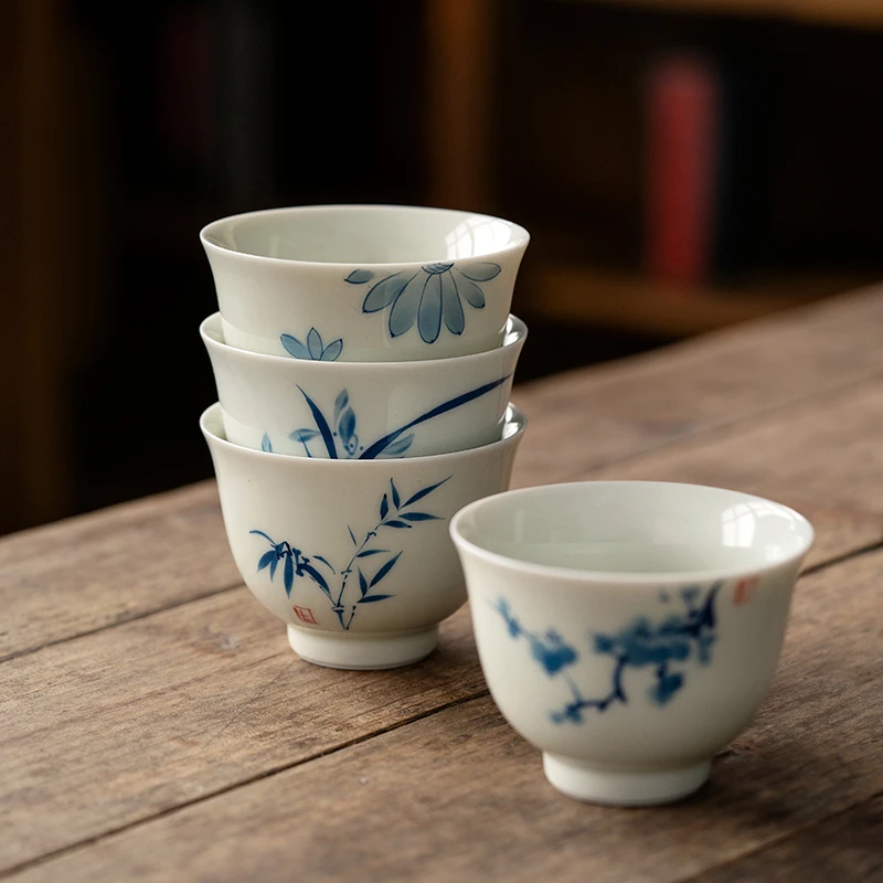 手绘梅兰竹菊茶杯陶瓷喝茶品茗杯主人单杯家用功夫茶碗大号个人杯