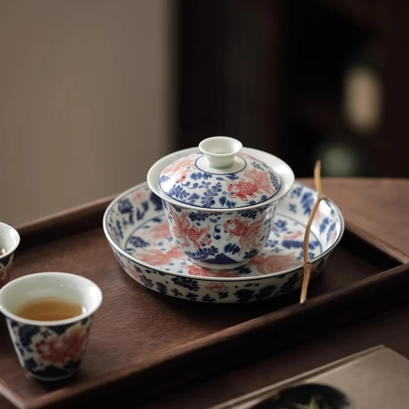 民厝青花年年有鱼盖碗陶瓷功夫茶具复古高档三才盖碗壶承家用蓄水