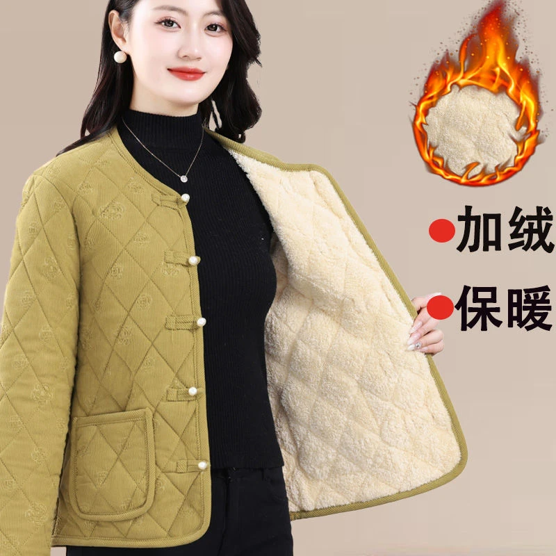 新款秋冬时尚百搭棉袄加绒加厚休闲棉服妈妈保暖短款棉衣外套女