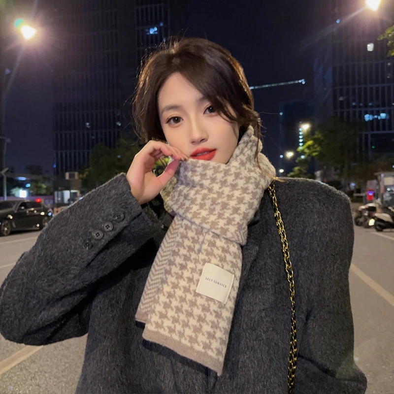 古拾忆千鸟格围巾百搭长款防寒学生防风保暖加厚针织秋冬护脸围脖