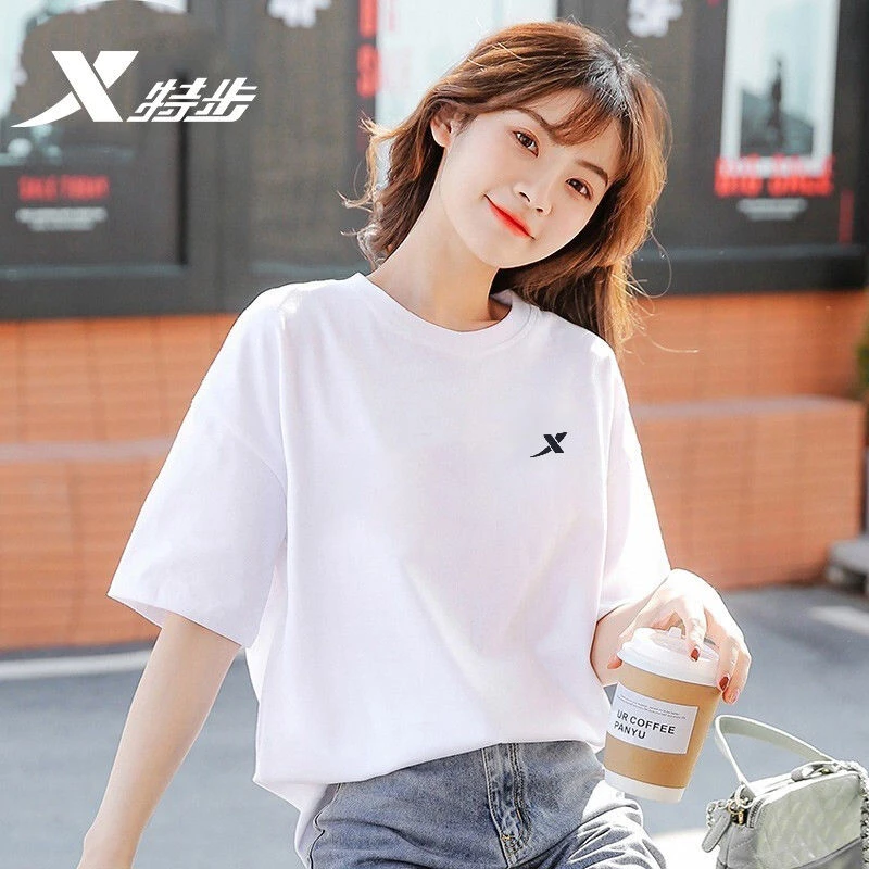 特步t恤女士短袖女2024夏季新款冰丝百搭宽松上衣速干简约白t半袖