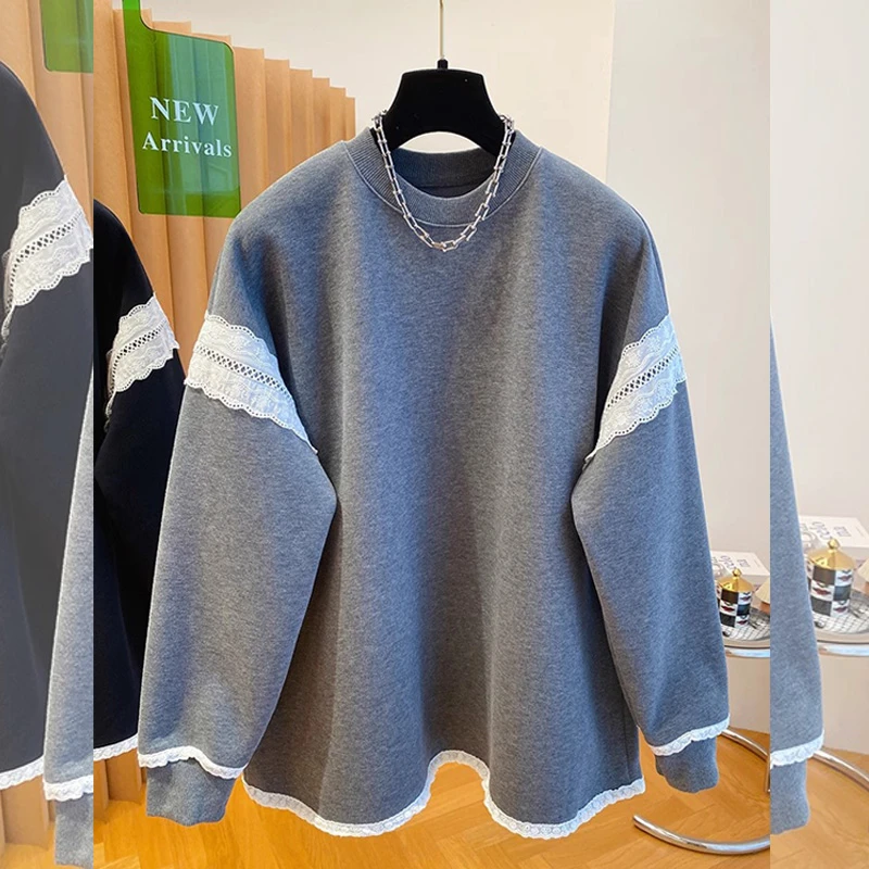 秋冬新款加绒加厚圆领卫衣女大版宽松设计感蕾丝拼接上衣百搭小众