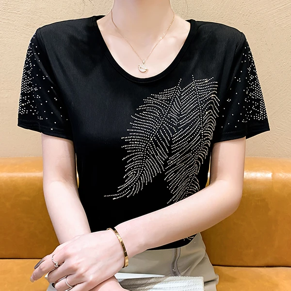 【夏款上新】羽毛修身打底衫女装欧货重工烫钻短袖T恤洋气上衣
