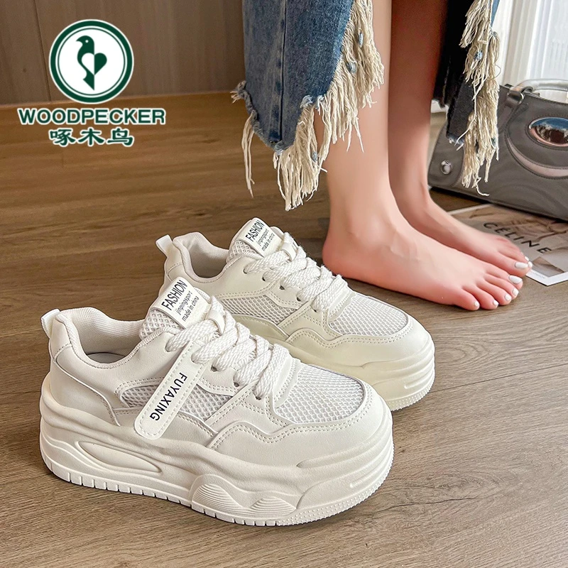 啄木鸟松糕厚底增高小白鞋女2024新款夏网面透气女鞋休闲运动板鞋