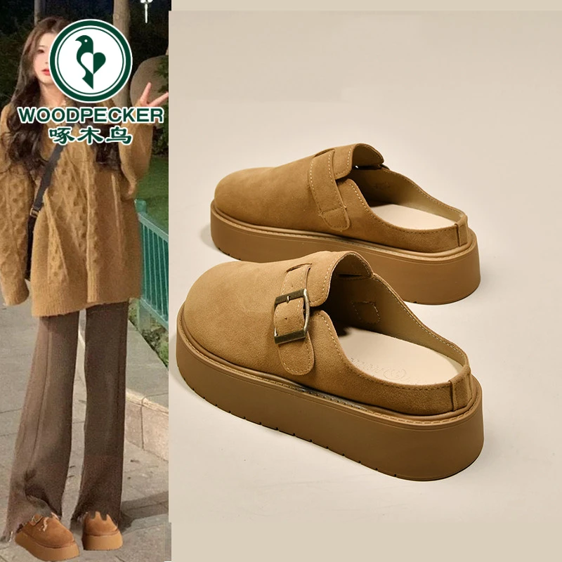 啄木鸟松糕厚底勃肯鞋包头半拖鞋女外穿2025新款秋冬季懒人博肯鞋
