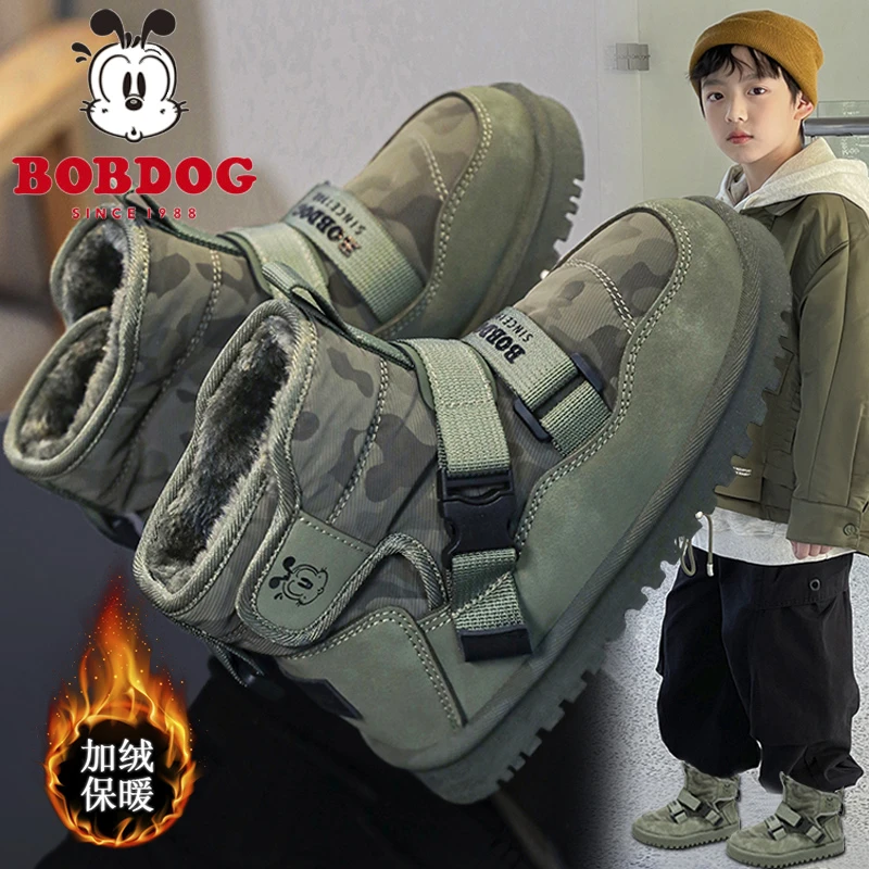 巴布豆男童棉鞋冬季防水防滑2025新款加绒加厚儿童雪地靴男孩筒靴