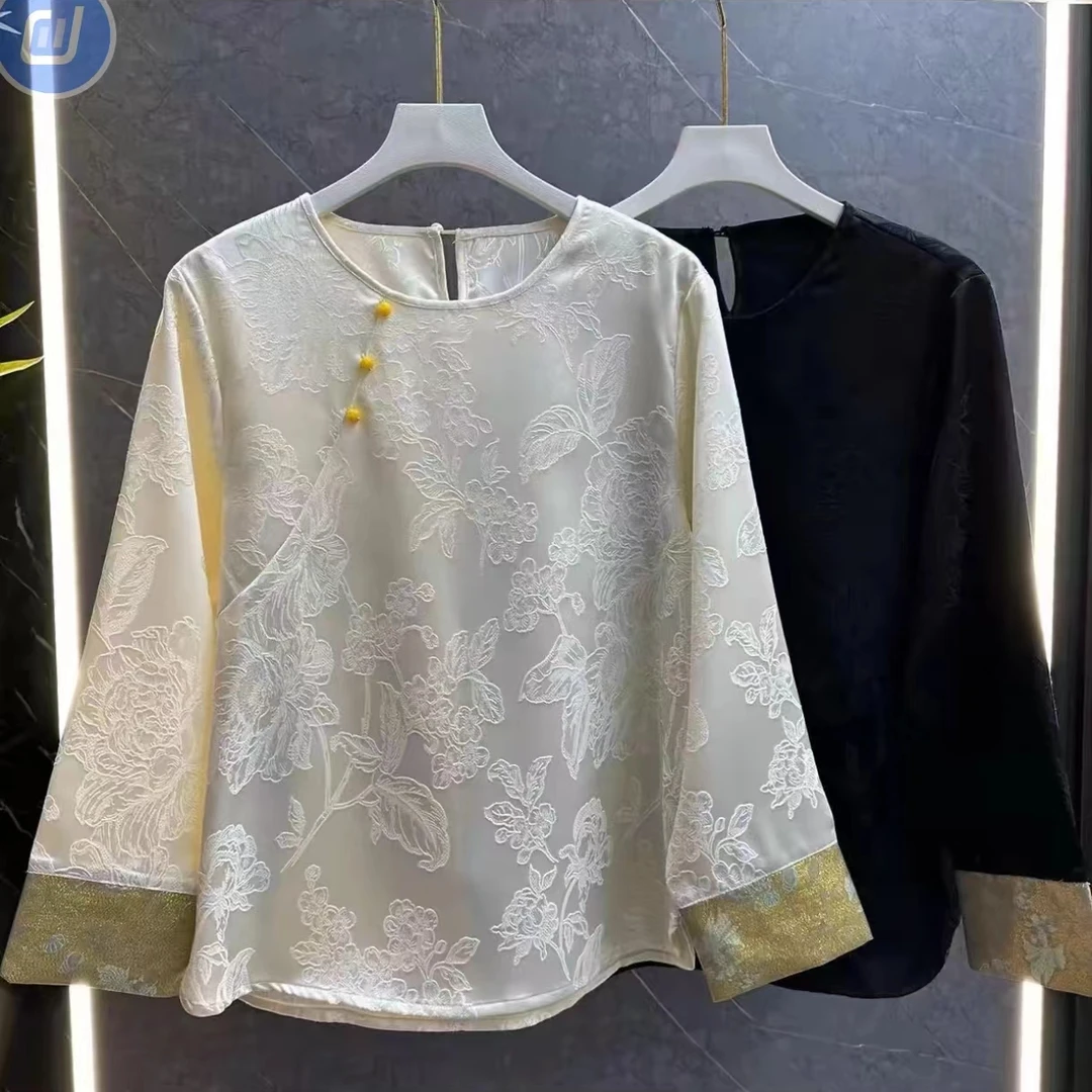 新款国风打底衫秋季圆领提花上衣新中式百搭2024减龄时尚上衣0050