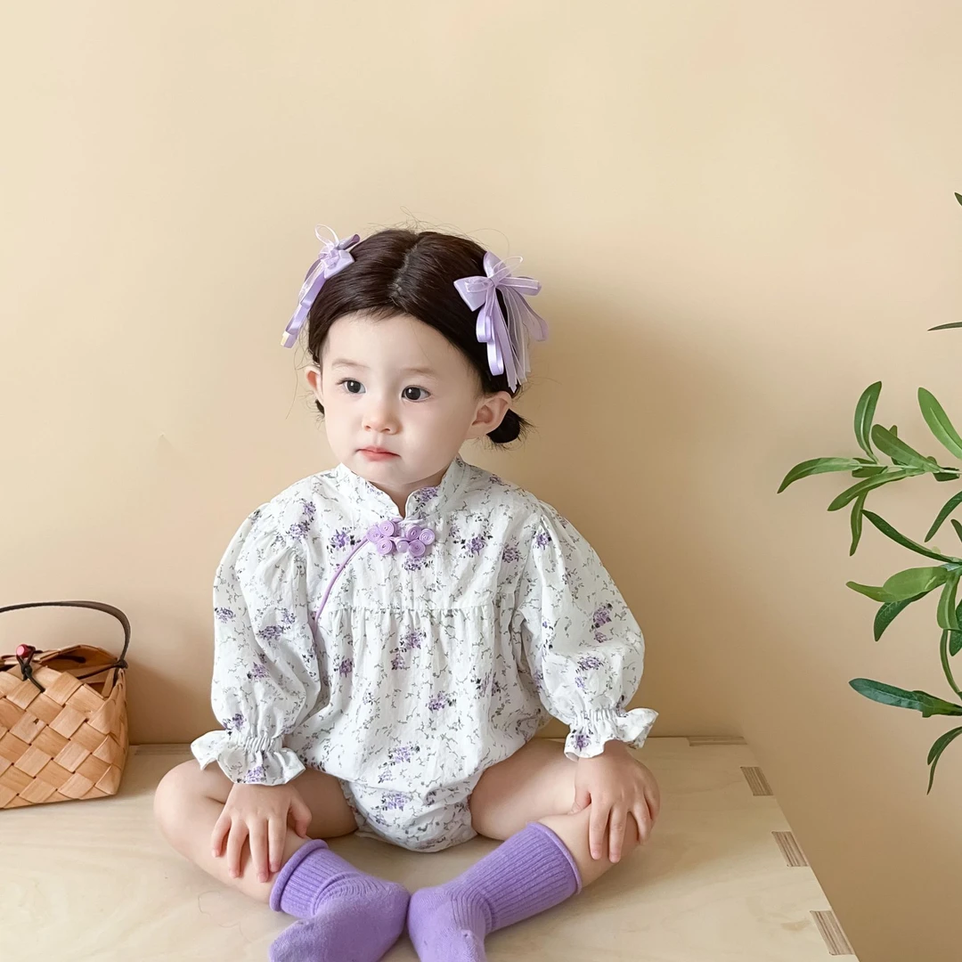 7025春秋新款婴幼儿碎花旗袍领包屁哈衣女宝宝长袖连体衣三角爬服