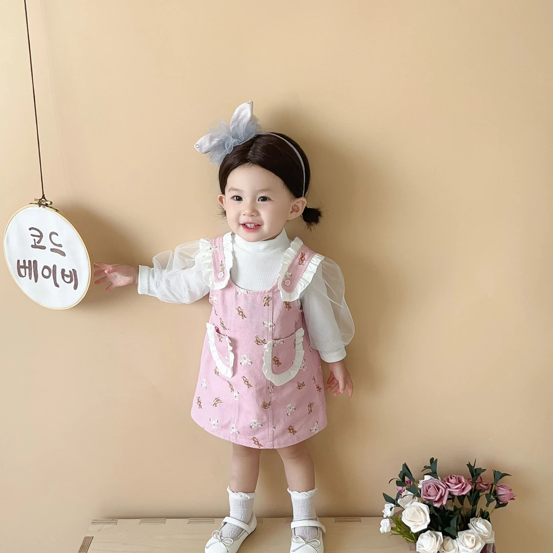 7029 女童背带裙套装秋装新款婴幼童洋气泡泡袖打底衫