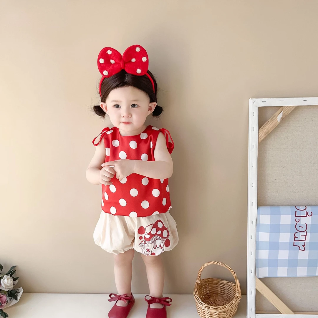 6972 女童套装夏季新款韩版婴幼儿波点背心上衣卡通两件套