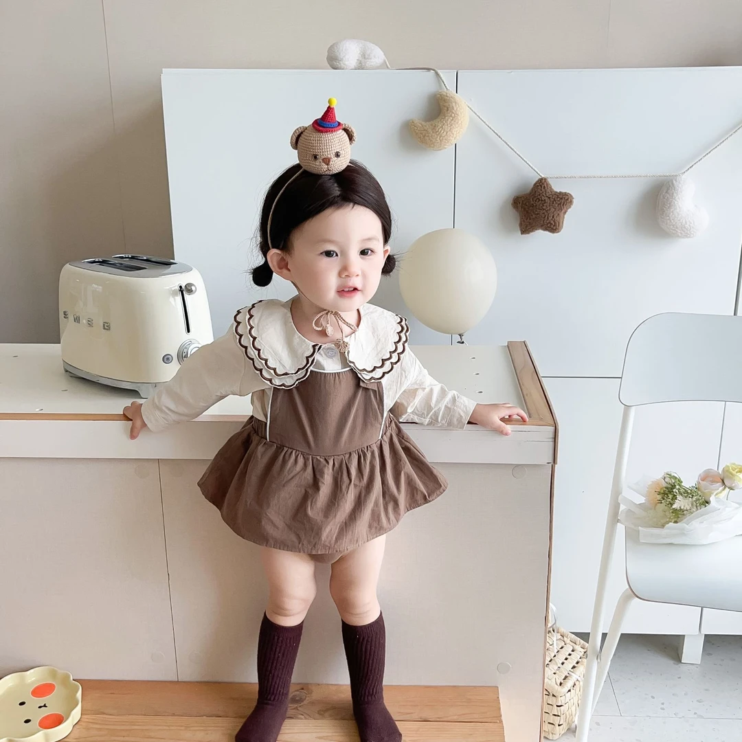 CC6225婴儿衣服春秋套装韩版双层花边领衬衫背带包屁哈裙两件套