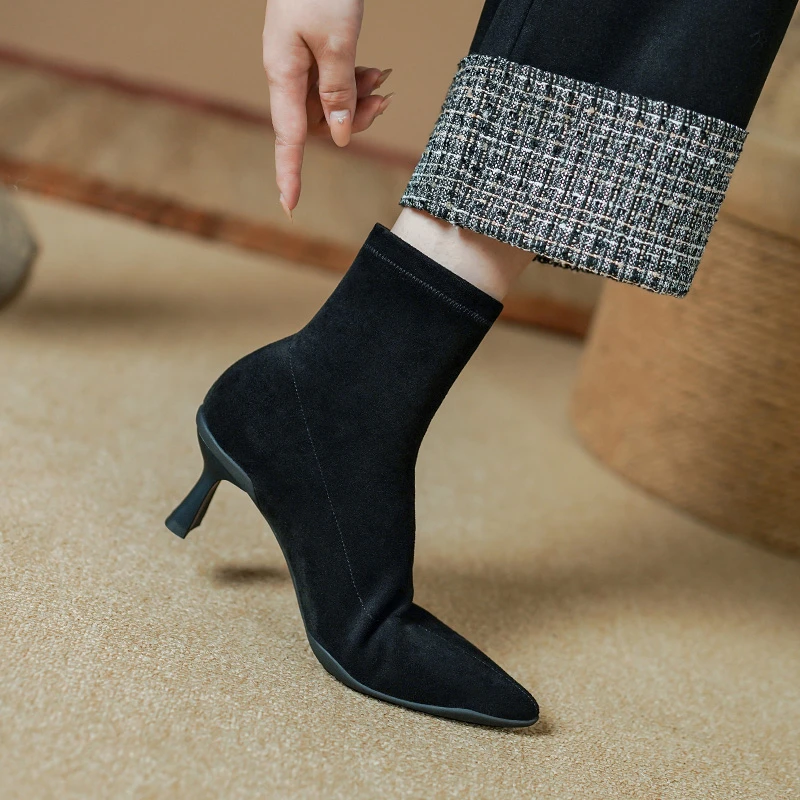 跟高5.5cm/秋冬粗跟短靴女显瘦弹力靴瘦瘦靴气质单靴袜靴