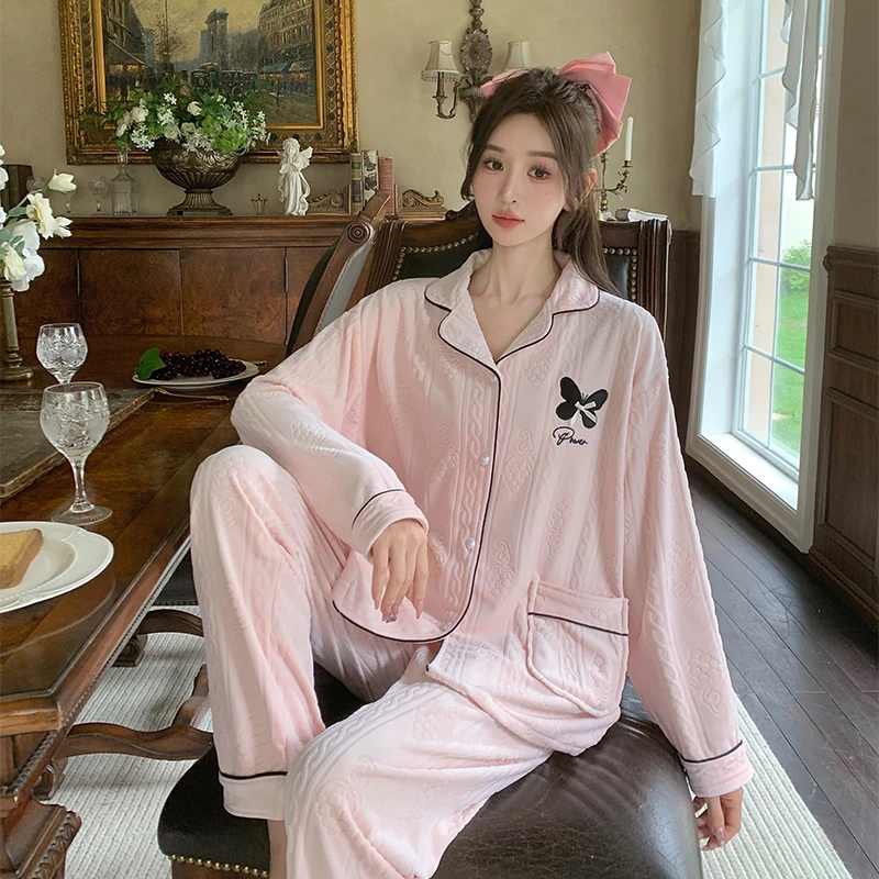【双面海岛绒】睡衣女款2024新款秋冬季蝴蝶字母保暖家居服套装