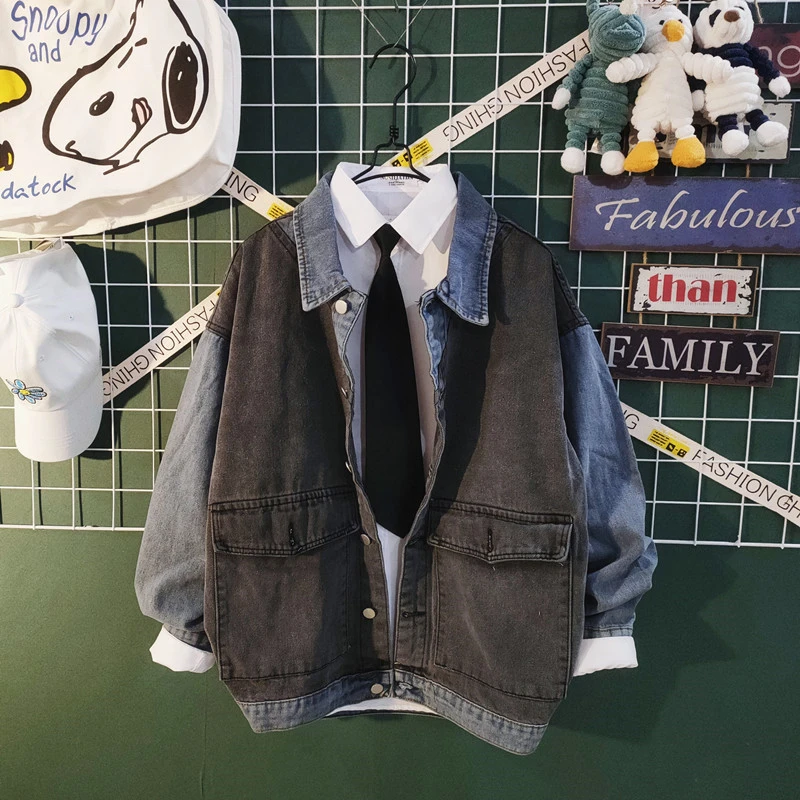 牛仔外套男春秋季宽松韩版bf风潮牌百搭拼色港味潮流复古工装夹克