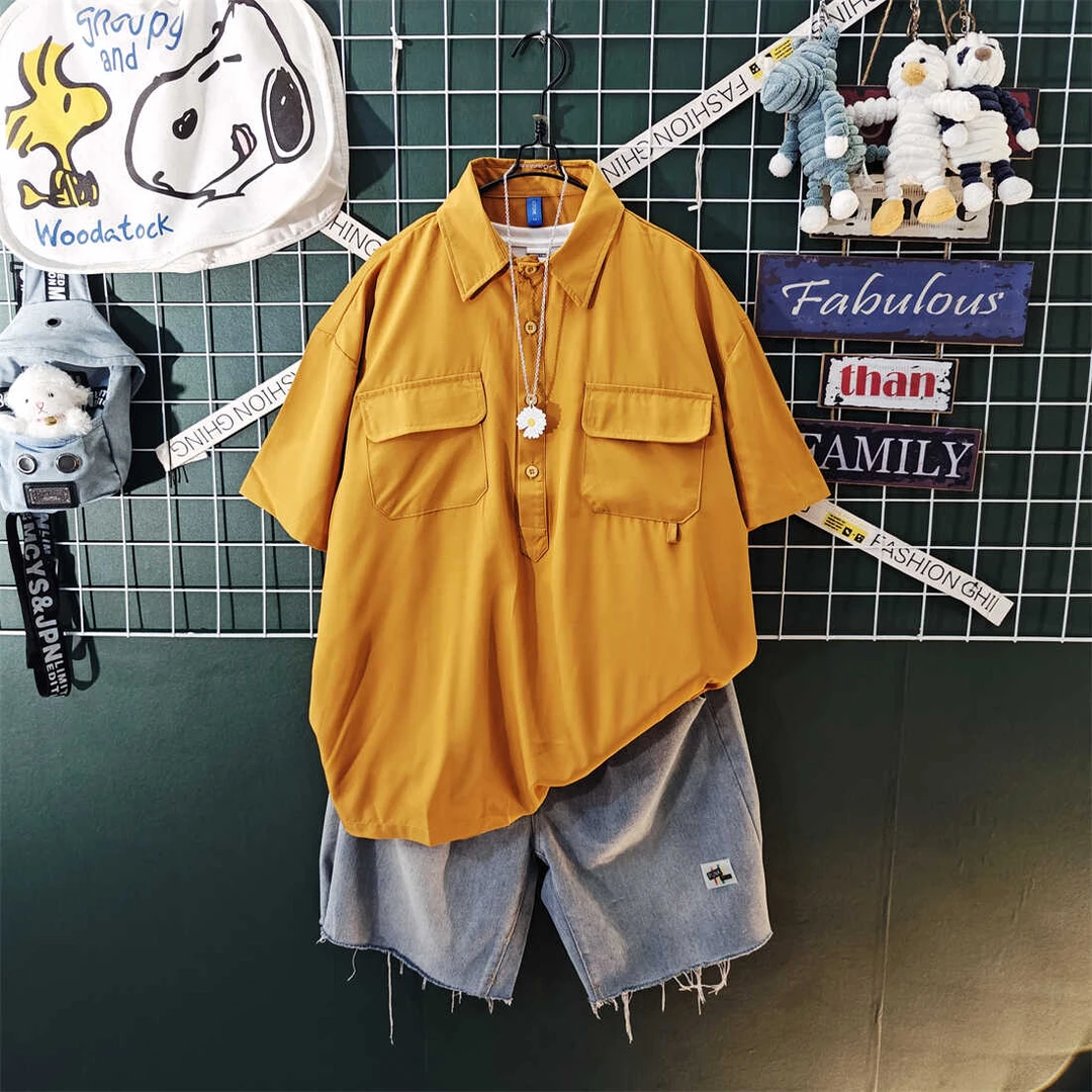 港风百搭潮牌工装衬衫男春夏季韩版宽松潮流五分袖衬衣套装男外套
