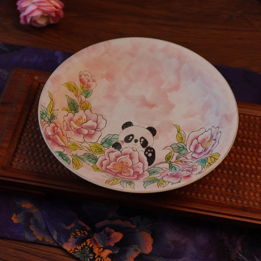 【牡丹熊猫·壶承】老岩泥手工家用陶瓷干泡复古可爱壶承干果盘