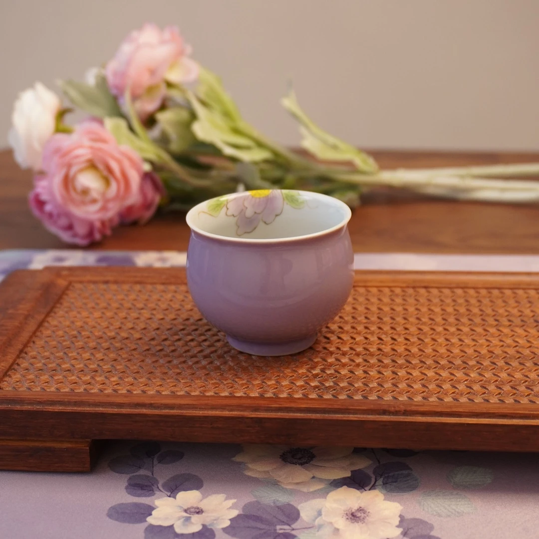 【紫色芙蓉·胖肚杯】陶瓷纯手工主人杯家用手绘小清新高颜值茶具