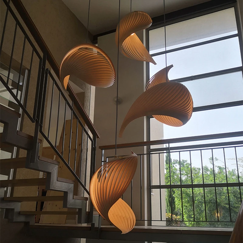 复试挑空楼梯灯设计师个性创意艺术客厅餐厅民宿木皮编织日式吊灯