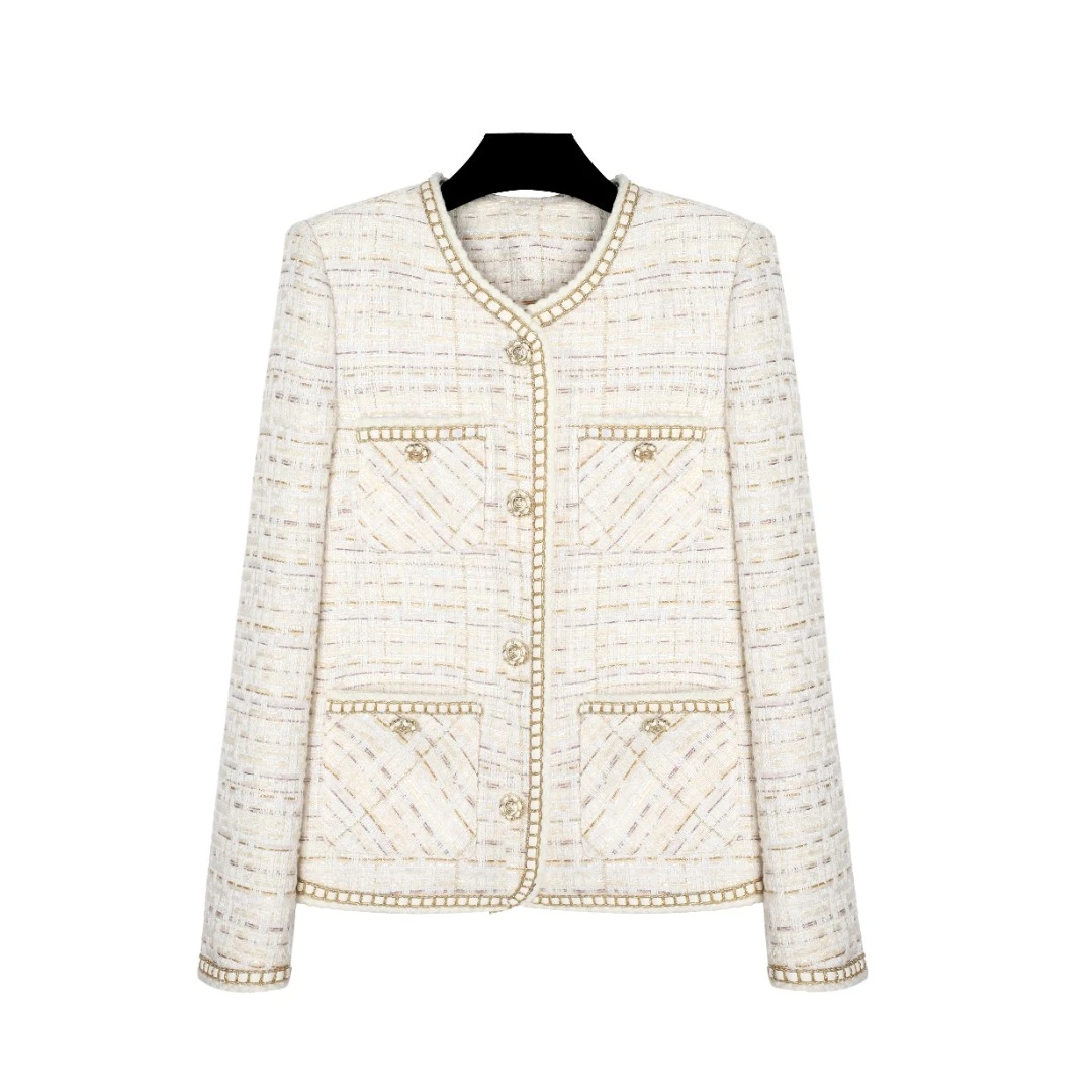 【白月光】重工定制面料浅杏色纱线混纺编织小香风外套女A70792