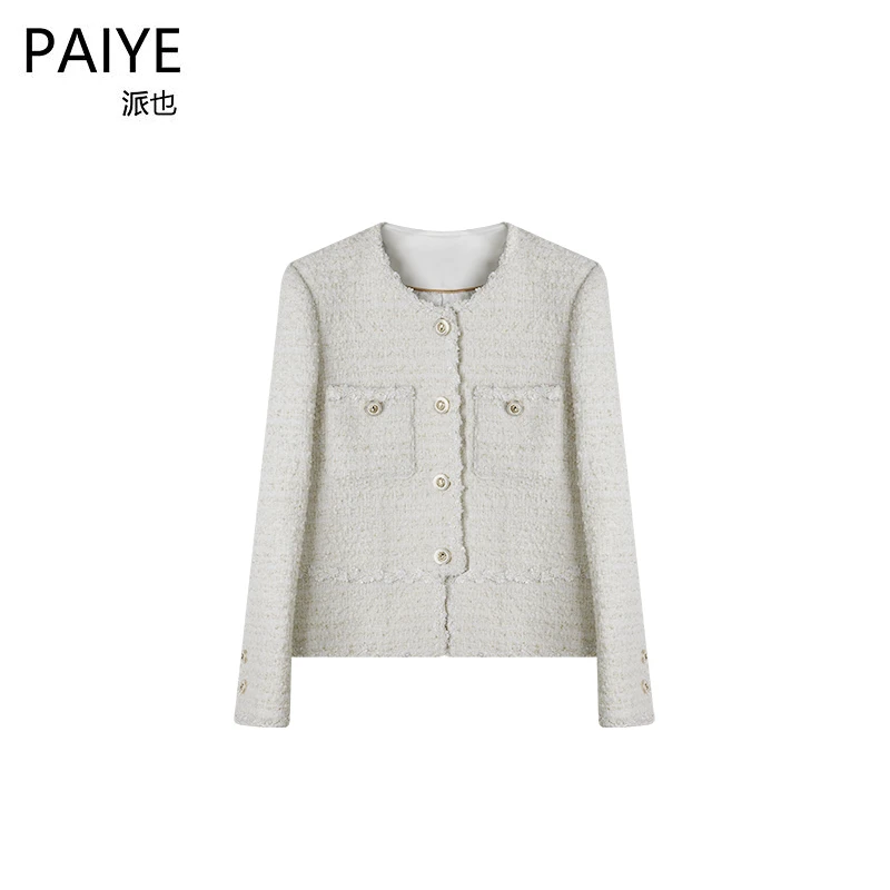 韩系秋季法式小香风圆领单排扣颗粒感宽松百搭长袖粗纺外套A71232